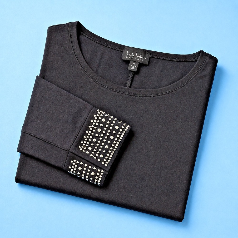 Nicole Miller New York Black Edgy Top Beaded Cuff Pearl Rhinestone Evening